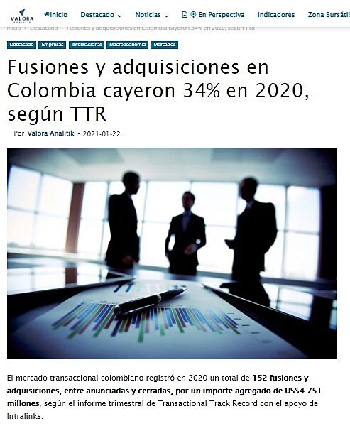 Fusiones y adquisiciones en Colombia cayeron 34% en 2020, segn TTR